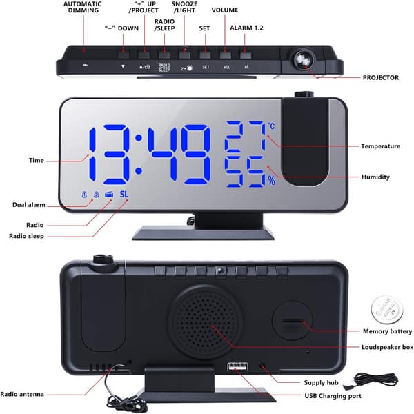 Multifunctional Projector Clock – LED Projector Alarm Clock with Temperature, Snooze, Dual Alarm, and 4 Brightness Levels blå