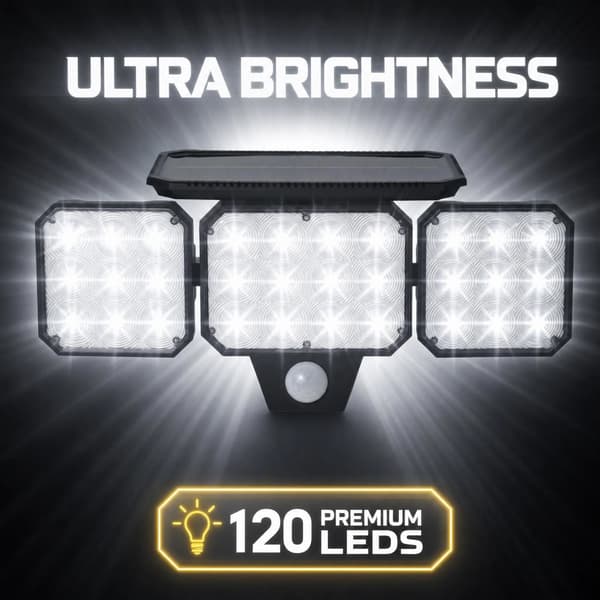 Solar Sikkerhedslys 1 stk - 120LED 3 Hoveder 3 Tilstande IP65 Bevægelsessensor 1 PC