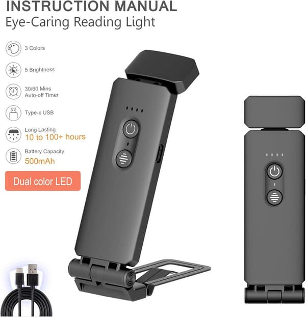 Portable USB Rechargeable LED Book Light with Clip - 3 Color Temperatures, 5 Brightness Levels, 30/60 Min Timer blå