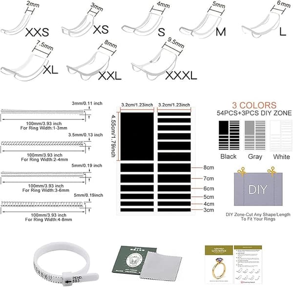 17-Piece Ring Size Adjuster - For Ring Size Adjustment, With 4 Spiral Lines & 8 Transparent Adjusters
