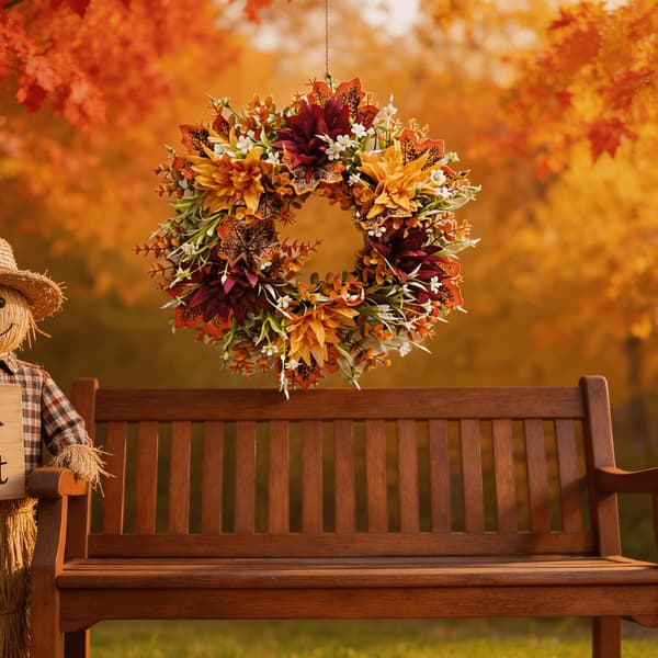 Handgjord Thanksgivingkrans - Dahlia Krysantemum Lönn Eukalyptus Dörr Vägg
