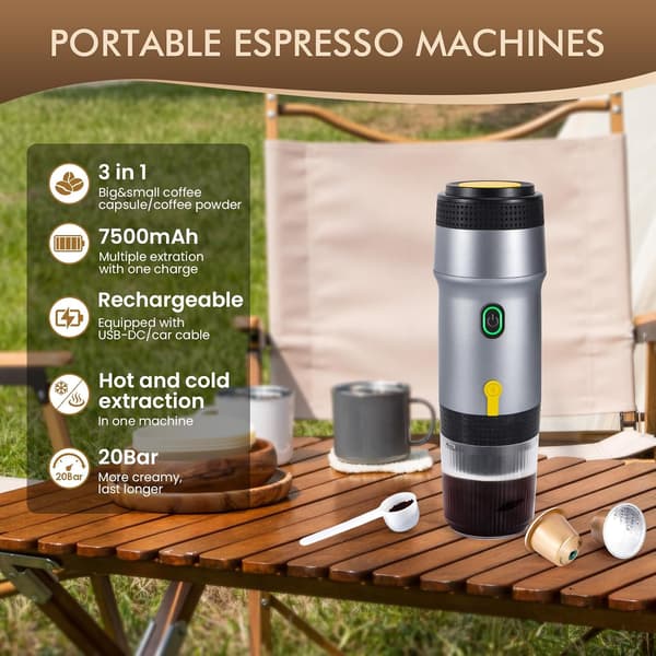 12V 3-i-1 espressomaskin - 7500mAh NS & malet kaffe silver Silver USB + Car Cable