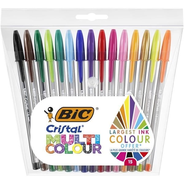 BIC Cristal Multicolour Kuglepenne Broad Point (1,6 mm) - Assorterede farver, pose med 15 stk. Blandad