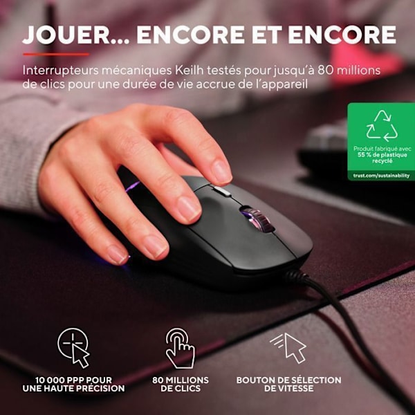 Trust Gaming REDEX letvægts gamingmus 82g, Kailh-switche 200-10000 DPI 6 programmerbare knapper USB-kablet RGB-gamingmus