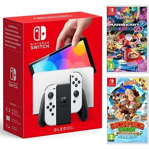 Nintendo Switch Console Pack Vit OLED-modell + Mario Kart 8 Deluxe + Donkey Kong Topical frys + Nintendo Eshop 3 månader