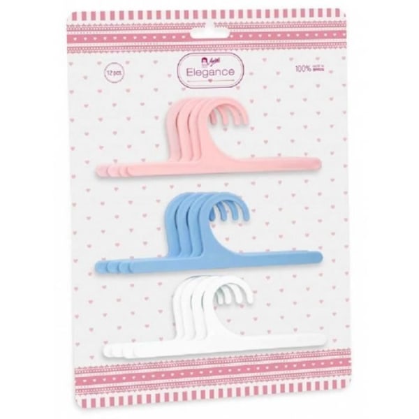 Set med 12 galgar för Elegance dockkläder - azul, rosa y blanco - 21x29x2 cm