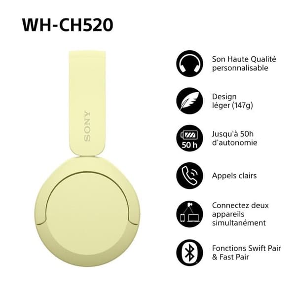Sony trådløse Bluetooth multipoint headset WHCH520 Gul Gul
