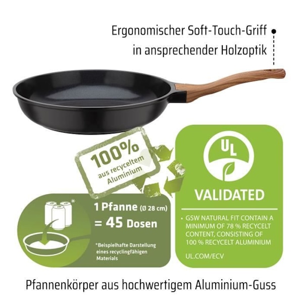 Alumiinivalurautapannu - GSW - NATURAL FIT - 28 cm - 100 % kierrätetty ilman PFAS - Induktiokelpoinen