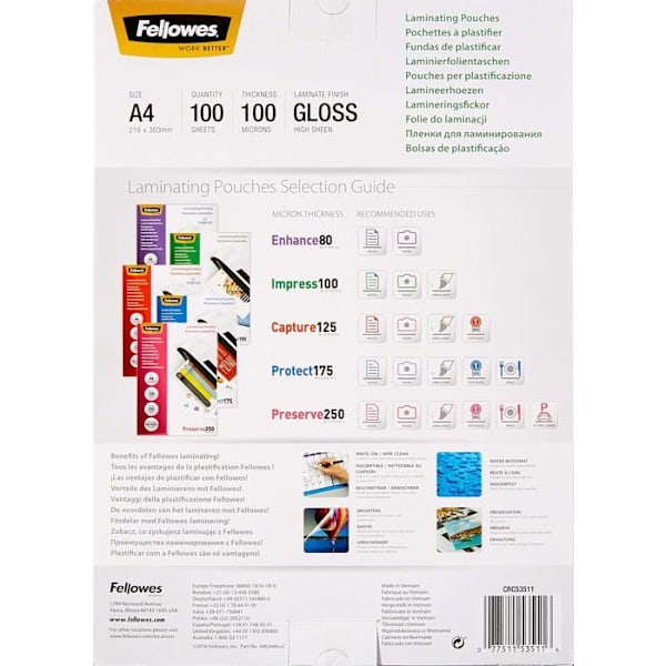 Plastificeringsark - FELLOWES - 5351111 - DIN A4 - 100 mikron - 100 stycken