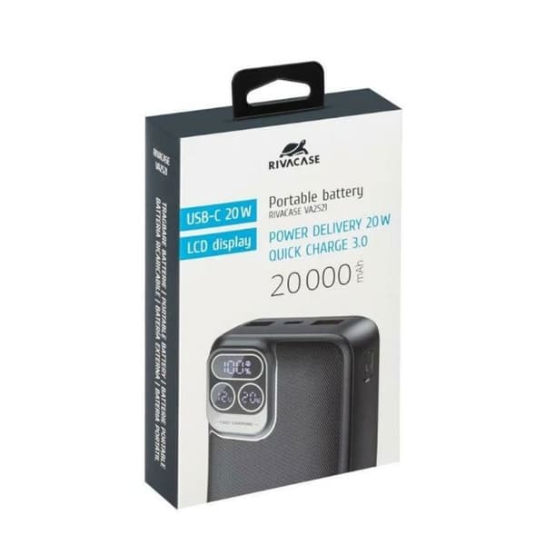 Extern batteri - Rivacase RCVA2521 - 20000 mAh - Sort - Til telefon