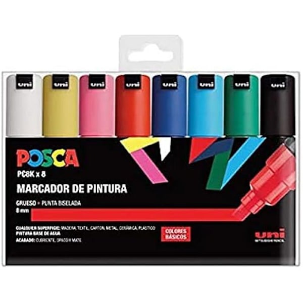 UNI Posca kynäsarja PC 8K Basic - Pakkauksessa 8 - 6 - 8 mm kärki - Läpinäkymätön - UNI-BALL merkki 8 grundfärger