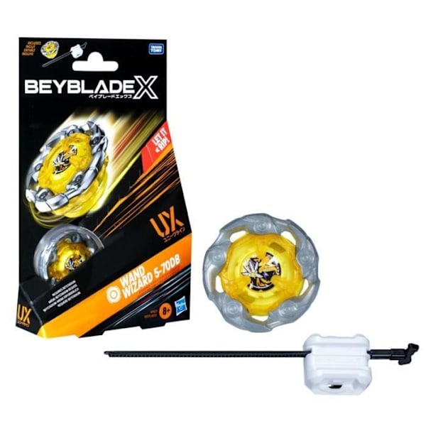 Beyblade X Startpaket Wand Wizard 5-70DB UX, uthållighetstopp och launcher, äkta Takara Tomy-topp, från 8 år. Flerfärgad