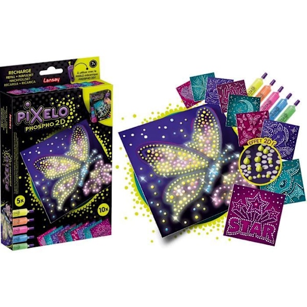 Lataa - LANSAY - Pixelo Phospho 2D - 10 fosforoivaa kuvaa, jotka voi toteuttaa ja tehdä hohtaviksi pimeässä, alkaen 7-vuotiaista. FLERFÄRGAD