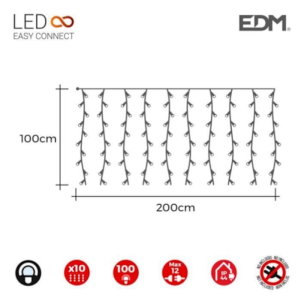 Lättkopplad ljusridå 2x1mts 10 band 100 kallvita lysdioder 30v (inomhus utomhusanvändning) totalt edm 1,8w Vit kyla