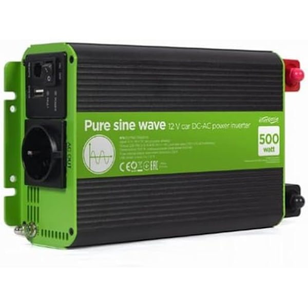 GEMBIRD 12V 500W SINE WAVE Pure Car Inverter DC-AC Sort, Grøn