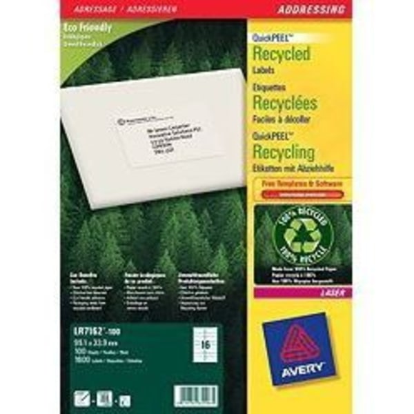 Kierrätetyt Tarrat - Avery - 1600 tarranrs - 99,1x33,9 mm - 100 % kierrätetty paperi - Helppo irrottaa