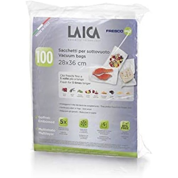 VT3512 Laica FrescoPiù Paket med 100 vakuumpåsar för mat, 28 x 36 cm, lämplig för frys, kyl och låg temperatur Transparent