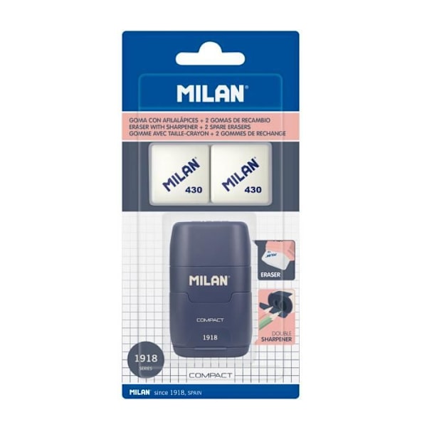 Blyantspidser-viskelæder - MILAN - COMPACT Series 1918 - Farve Blå - Indeholder 2 refill viskelædere
