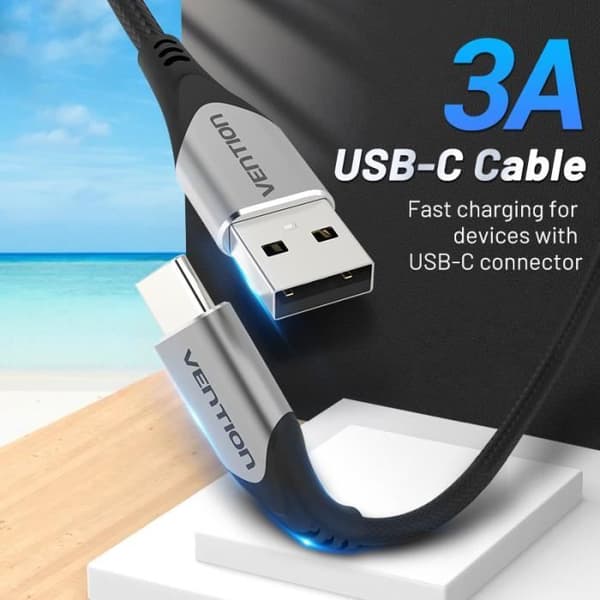 USB-kaapeli - VENTION - USB A - USB Type C - Nopea lataus 3A - 1m - Taitettu nailon