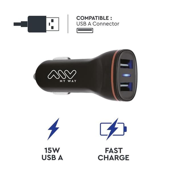 Bilkabel - MYWAY - LL-C038 - 15W - 2 USB A - Hurtig opladning Sort