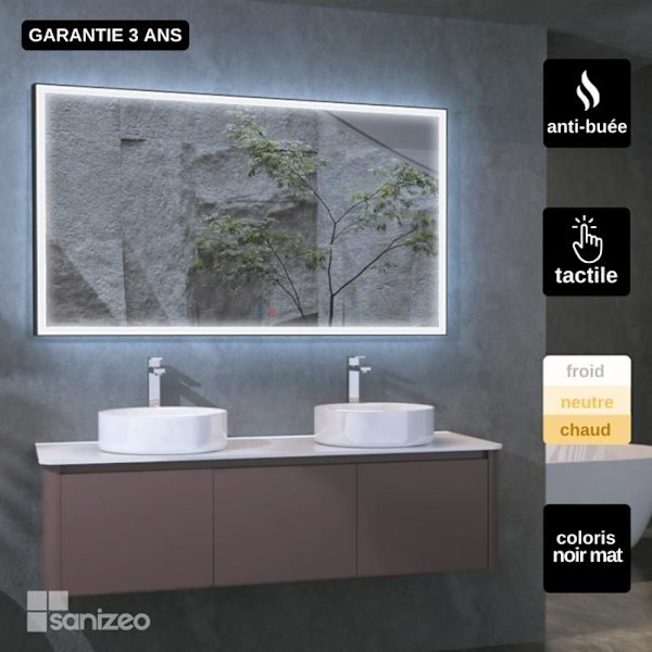 Spejl Badeværelse - SANIZÉO - SUIZA - Anti-Dug - Triled Belysning - 140x80cm Mat Sort Matte svart