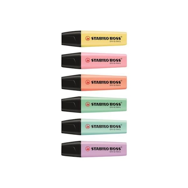 Stabilo BOSS ORIGINAL Highlighter poskipuna vaaleanpunainen, kermainen persikka, maidonkeltainen, ripaus turkoosia, kevyt mintun maku, sumu…