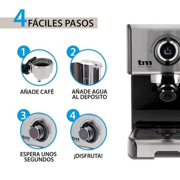 TM Electron TMPCF101 Manuel Espresso Kaffemaskine 15 trykstænger, 1200W, 1,2 L depositum, Leche Espumador, 3 funktioner, Fab