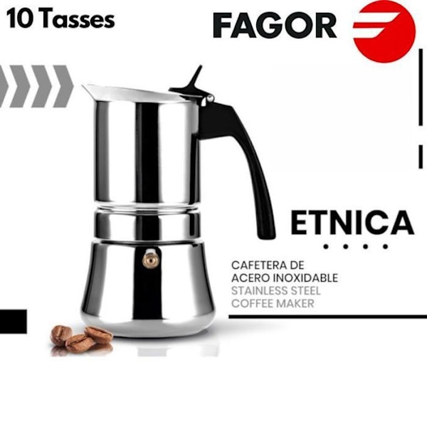 Italialainen induktio espresso-kahvinkeitin, ruostumaton teräs 10 kuppia kahvia FAGOR Etnica Silver 00390