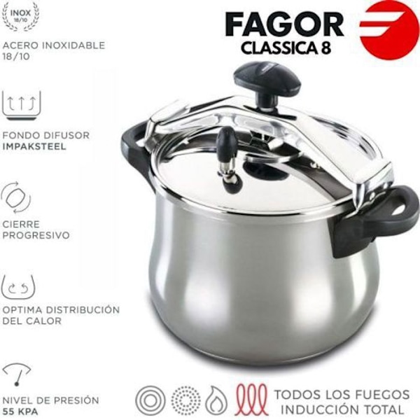 Trykkoger - FAGOR - Clásica Bombe 8 - 8 L - 18/10 rustfrit stål - Induktion, 3 sikkerhedssystemer Pengar