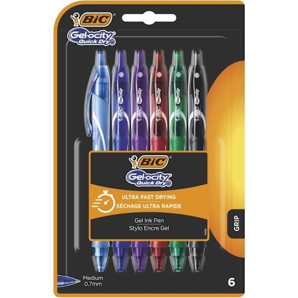 BIC Gel-ocity Hurtigtørre indtrækkelige gelpærer Medium spids (0,7 mm) - Assorterede farver, blister på 6