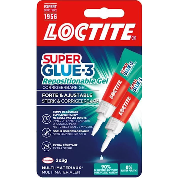 Colles cyanoakrylater - LOCTITE - SUPERGLUE-3 - Repositionerbar - Gel 3g - Pakke med 2 blister - Karton 12 stk.