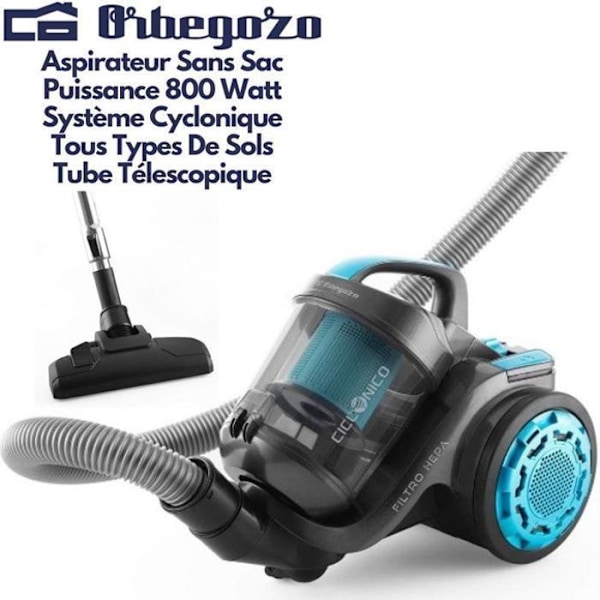 Orbegozo AP8030, poseløs støvsuger, 2 liters tank, cyklonsystem, HEPA-filter, 800W Sort, Blå