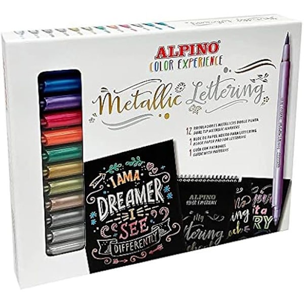 Metalliske bogstaver - ALPINO - Color Experience Kit - 12 markører - Sort papir - Guide inkluderet mångfärgad