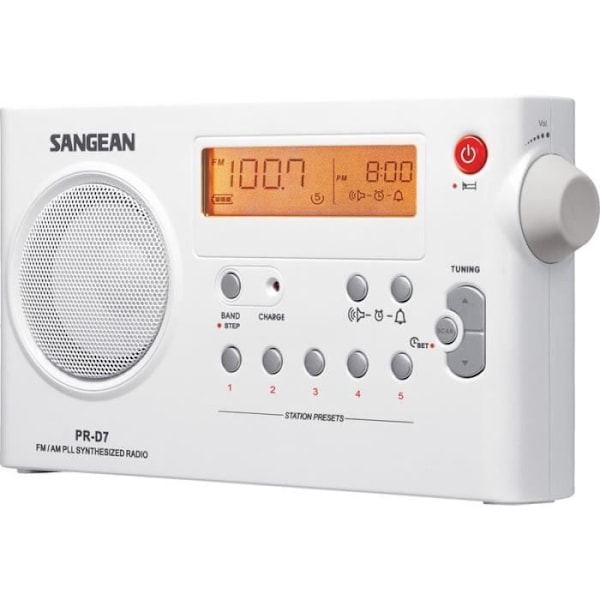 Sangean PR-D7 bærbar radio - Hvid - Digital AM/FM tuner - 10 programmerbare stationer - Automatisk søgning