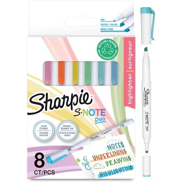 Kreativ marker - SHARPIE - S-NOTE DUO - 8 tusser - Pastel farver - Spids og skrå spids Icke-fluorescerande pastellfärger
