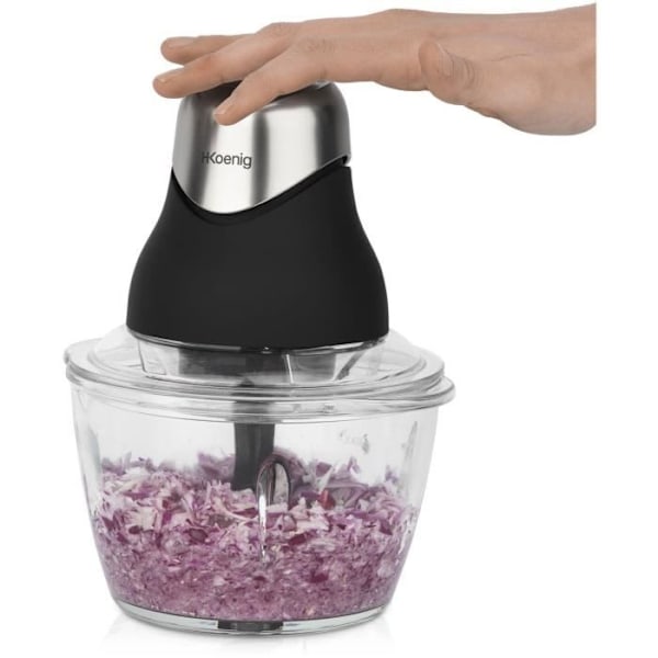 Mini elektrisk hakker - H.Koenig - LEO8 - 320 W - Glasbolle 1 L - Blade i rustfrit stål - Mat sort og krom