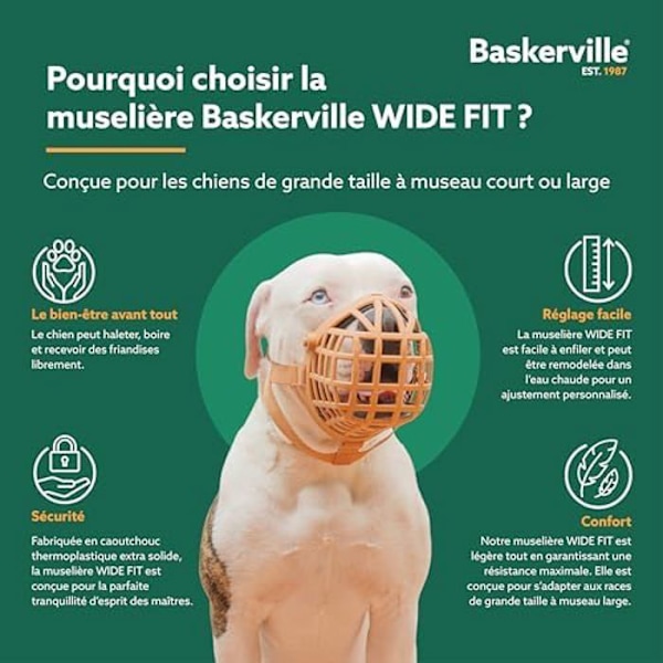 MUSELIÈRE BASKERVILLE WIDE FIT - Leveäkuonoisille koirille, kuten bokserille ja rottweilerille, mahdollistaa koiran hengittämisen ja juomisen, purent