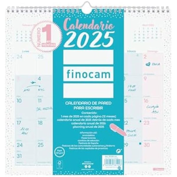 Vægkalender - FINOCAM - 2025 - Månedsvisning - Spansk - Chic turkis Turkos