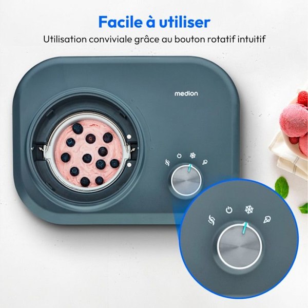 MEDION Jäätelökone kompressorilla (sopii jäätelöiden, jäätelöjogurttien ja sorbettien valmistamiseen, 1 litra, 100 blå