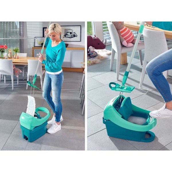 Setti Lavea Solua Säilytyssäikka Lavea Essoreur Rullilla Leifheit Profi XL Mobile 55096, Lattia Moppia 360° Mikro Duo -kannalla. Turkosgrön
