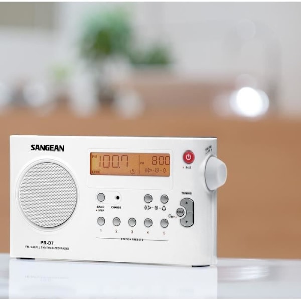Sangean PR-D7 bærbar radio - Hvid - Digital AM/FM tuner - 10 programmerbare stationer - Automatisk søgning