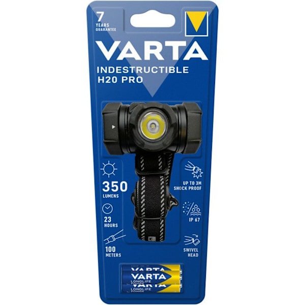 Frontale-VARTA-Indestructible H20 Pro-350lm-Garanti 7 år-Stødresistent (3m) mod vand og støv-IP67-3 AAA-batterier Sort