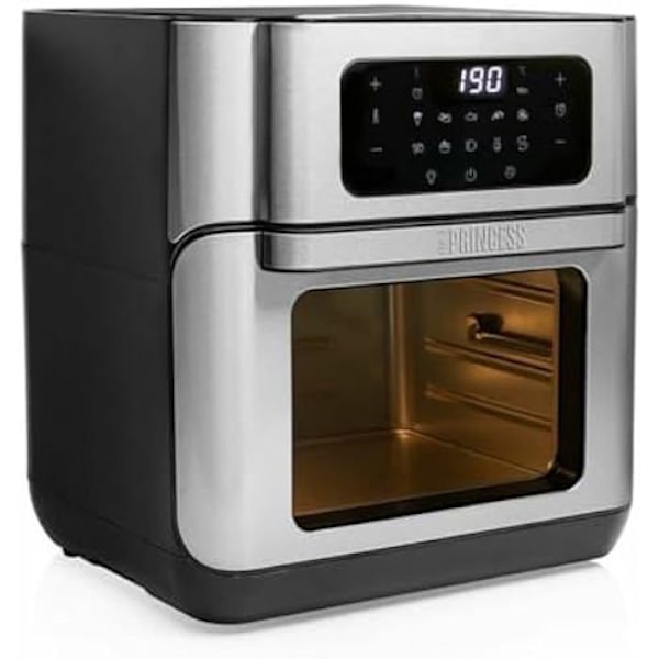 PRINCESS 10L oliefri ovn 1500W TEMPERATUR 80-200 C TIMER DIGITALT KONTROLPANEL HORNET LCD-SKÆRM MEDFØLGER CE Sort, Sølv