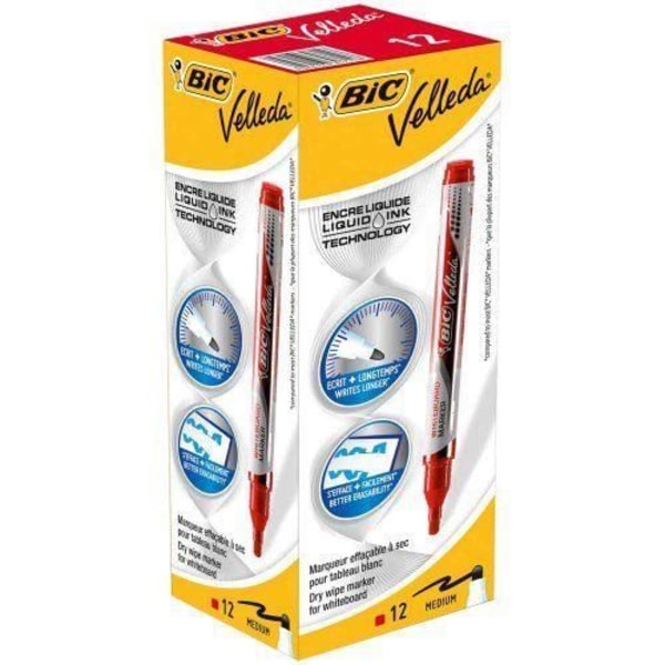 Dry Erase Marker Pen - Bic - Velleda Liquid Ink Lomme - Æske med 12 - Rød - Uigennemsigtig