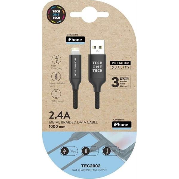 Flettet USB-kabel - Tech on tech - 1 m - Sort - Micro USB - Flettet - 2 års garanti - 50x50x28 cm