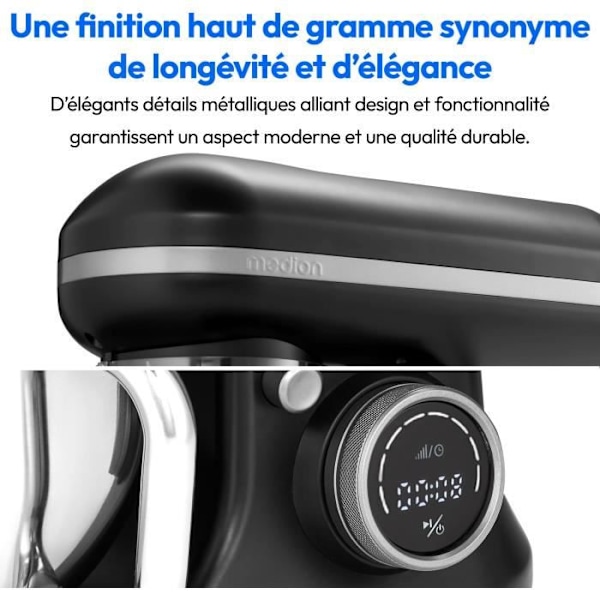 Robot pâtissier - MEDION - MD18420 - 1200 W - 5 L - 8 hastigheder - Skål til is - Sort Svart