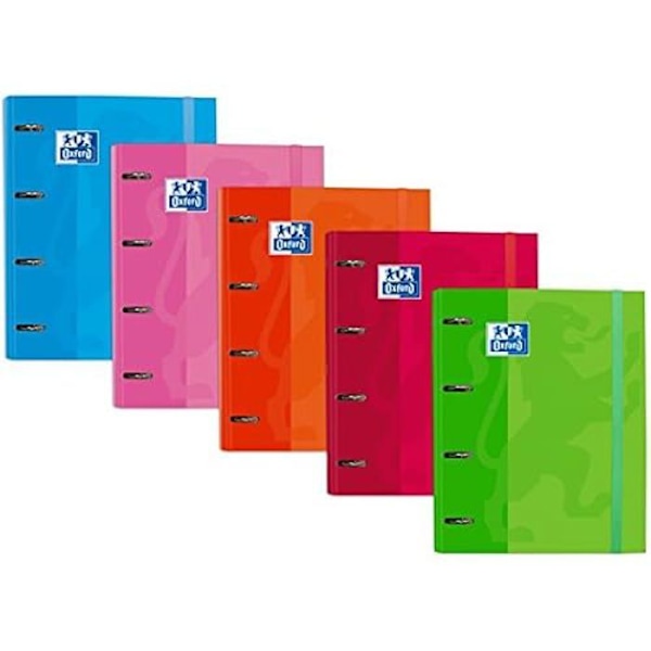 Mapper - OXFORD - A4+ - 4 ringe - 100 ark - 5 assorterede farver Grön, Orange, Rosa, Röd, Blå