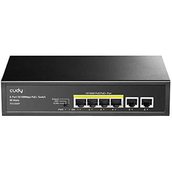PoE+ kytkin - CUDY - 6 porttia - 10/100 Mbps - 60 W - CCTV-tila musta