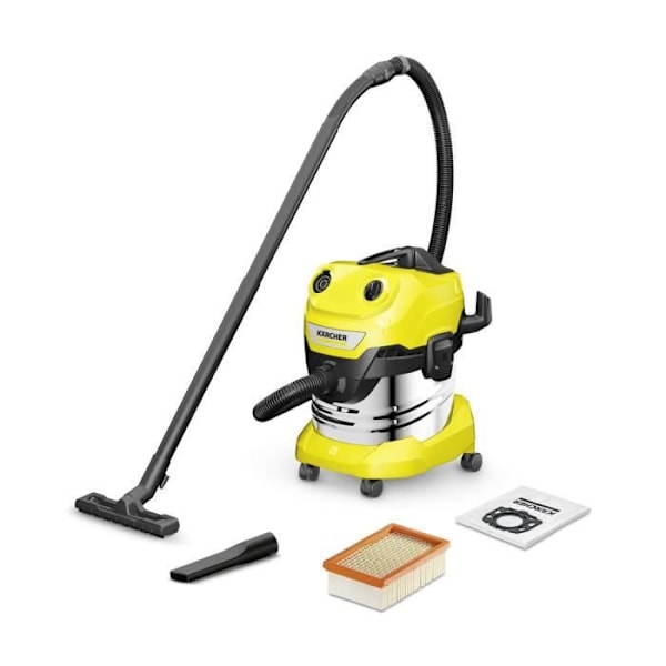 Aspirator til vand og støv KARCHER WD 4 S V-20/5/22 - Rustfrit stål 20 L - 1000W Sort, Rustfrit stål, Gul