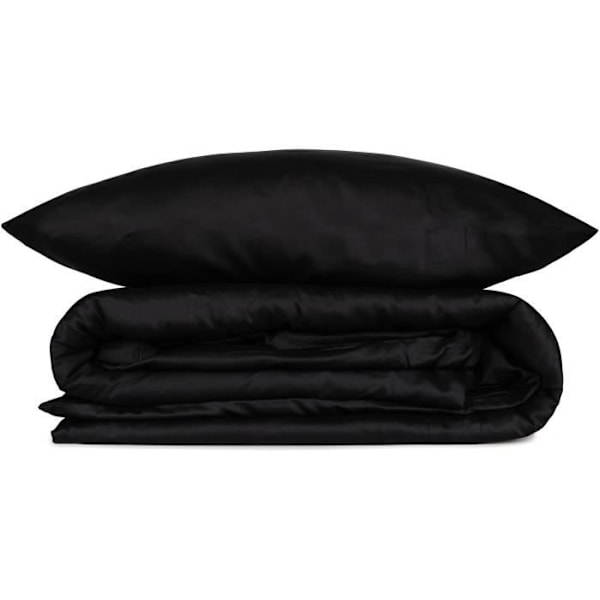 Sæt sengetæppe 240x220cm og 2 pudebetræk Lovina ensfarvet satin af bomuld sort